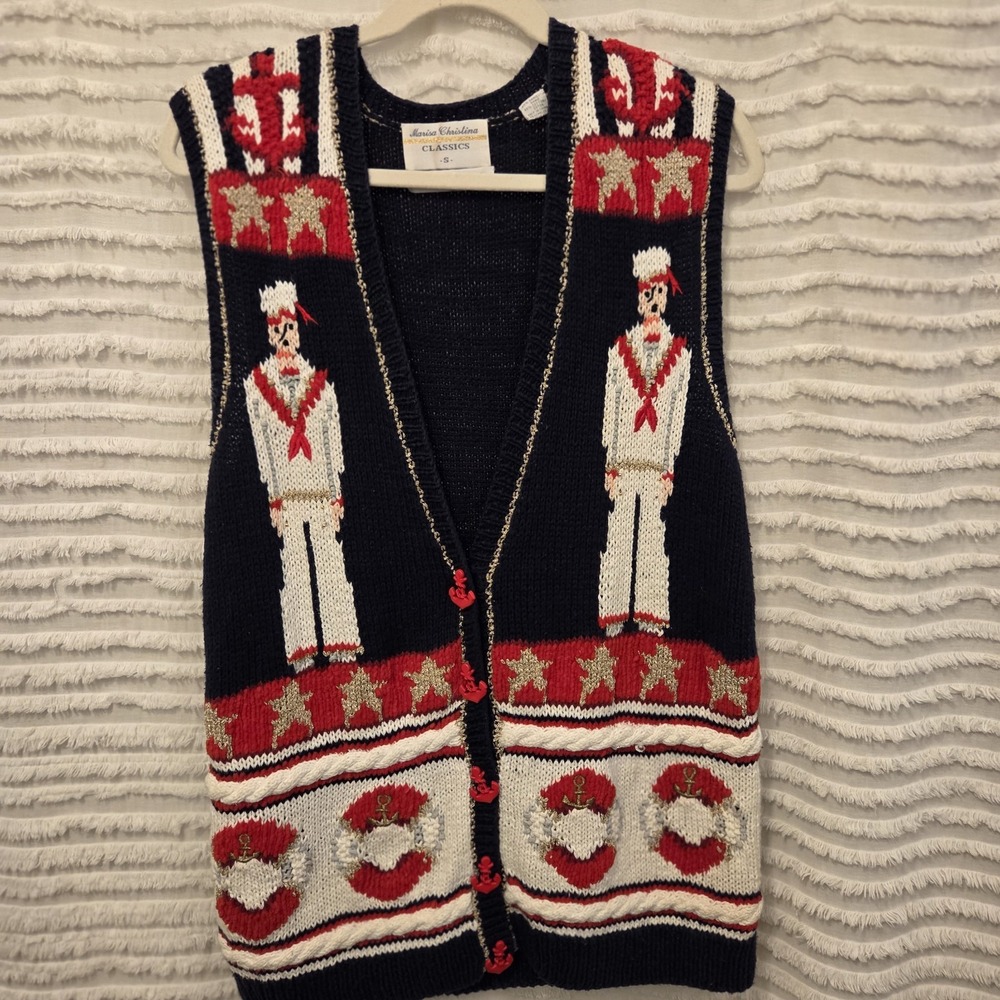 Vintage Marisa Christina Hand Knitted Sweater Vest Sailor Nautical Navy Red Sm